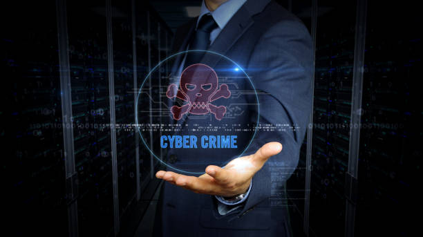 istock Businessman and screen with skull hologram 1161919093