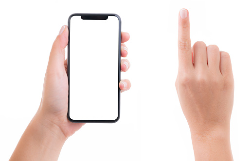 Hand holding blank white screen smart phone