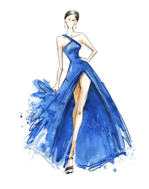 ilustrações de stock, clip art, desenhos animados e ícones de young woman wearing long evening dress. catwalk watercolor illustration - evening gown