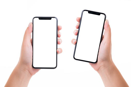 Woman hands holding two blank white screen smart phones on white background. Isolated on white.