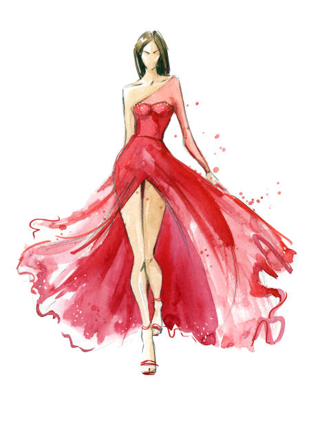 Young woman wearing long evening dress. Catwalk watercolor illustration Young woman wearing long evening dress. Catwalk watercolor illustration fashion design sketches stock illustrations