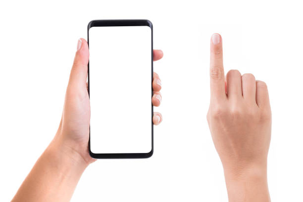 Hand holding blank white screen smart phone