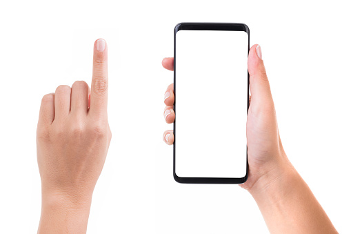 Woman hand holding blank white screen smart phone on white background. Isolated on white.