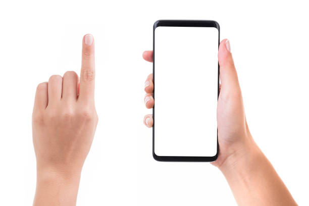 Hand holding blank white screen smart phone Woman hand holding blank white screen smart phone on white background. Isolated on white. tapping stock pictures, royalty-free photos & images