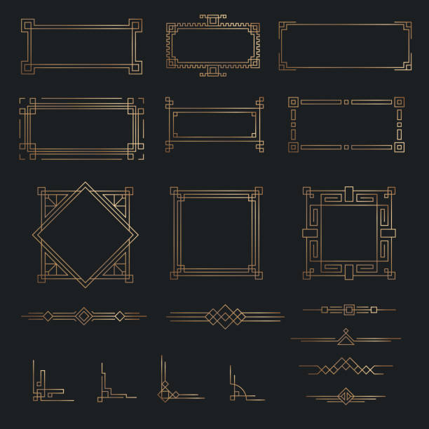 illustrations, cliparts, dessins animés et icônes de ensemble de bordure d'or de ligne d'art déco - image created 1920s