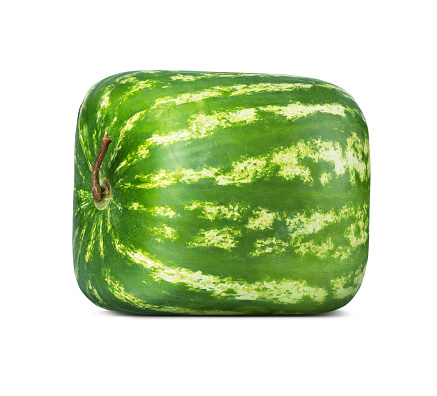 Square ripe natural watermelon isolated on white background. File contains a path to isolation.