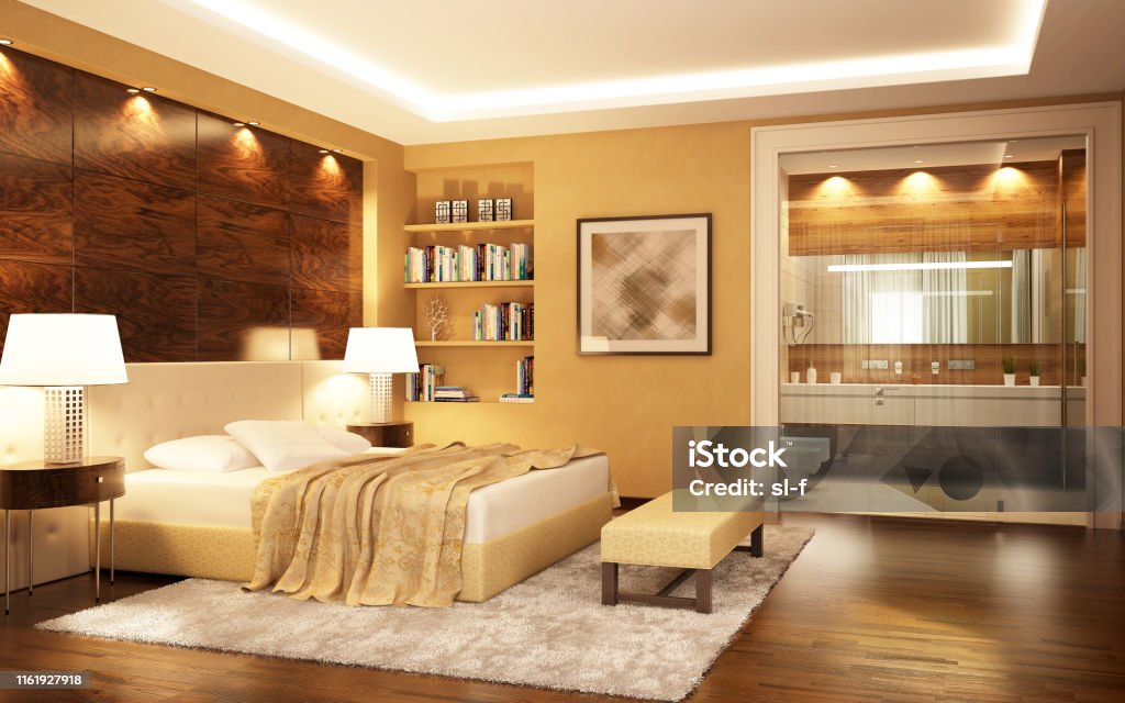 Beautiful royal room with bathroom in the hotel A large bedroom combined with a bathroom in a modern style. Bedroom Stock Photo