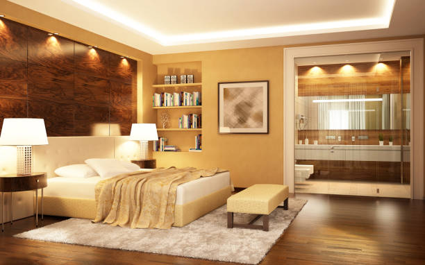 Beautiful royal room with bathroom in the hotel A large bedroom combined with a bathroom in a modern style. beige bedroom stock pictures, royalty-free photos & images