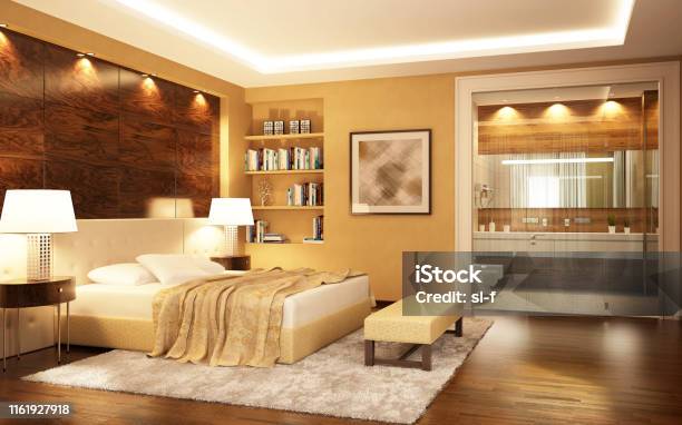 Beautiful Royal Room With Bathroom In The Hotel Stock Photo - Download Image Now - Bedroom, LED Light, Hotel Room