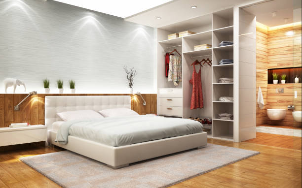 modernes design-schlafzimmer mit bad und schrank - bedroom stage stock-fotos und bilder