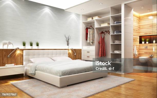 Modern Design Bedroom With Bathroom And Closet Stock Photo - Download Image  Now - Bedroom, Closet, Bathroom - iStock