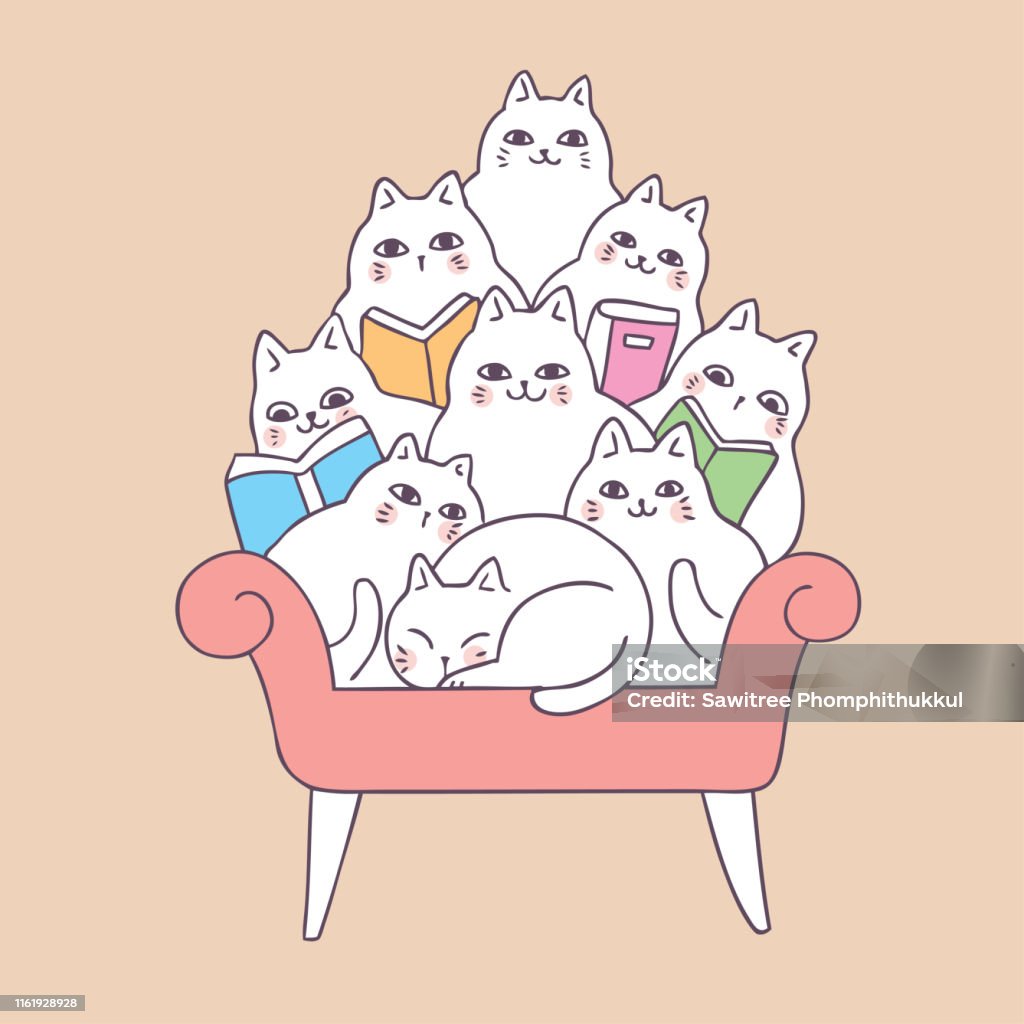 Kartun Kucing Lucu Membaca Di Vektor Sofa Ilustrasi Stok - Unduh Gambar