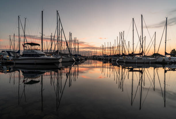 An early morning view across the harbor at Lakefront Promenade Park, Mississauga, Ontario, Canada