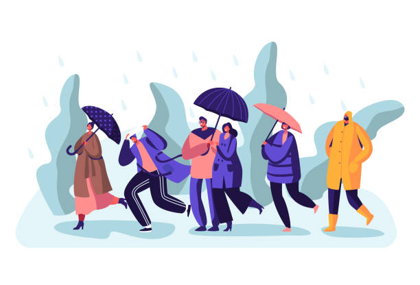 ilustrações de stock, clip art, desenhos animados e ícones de happy drenched passerby people wearing boots and cloaks with umbrellas walking against wind and rain , cold water pour from sky, wet rainy autumn or spring weather. cartoon flat vector illustration - rain drenched men wet