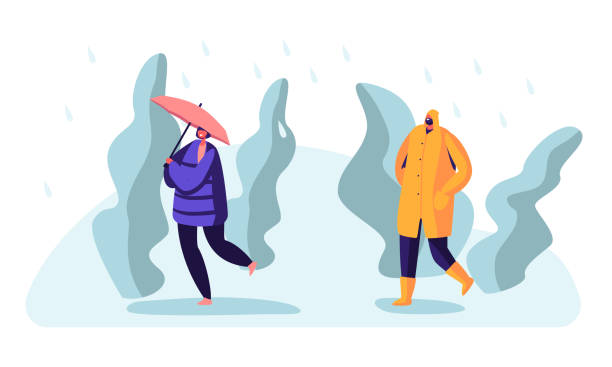 ilustrações de stock, clip art, desenhos animados e ícones de passerby at wet rainy autumn or spring weather. happy drenched people wearing boots and cloaks with umbrellas walking against wind and rain, cold water pour from sky cartoon flat vector illustration - rain drenched men wet