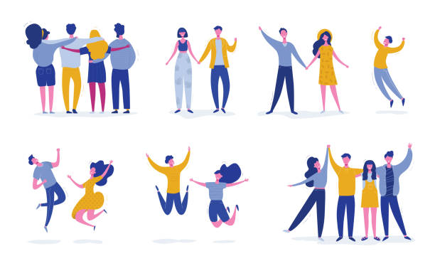 ilustrações de stock, clip art, desenhos animados e ícones de set of young jumping friend people characters. stylish modern vector illustration with happy male and female characters, teenagers, students. party, sport, dance and friendship team concept - friends