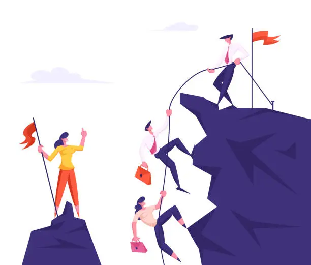 Vector illustration of Group of Business People Climbing on Mountain Peak, Leader Pulling Colleagues with Rope, Assistance, Team Work, People Working Together for Goal Achievement Concept Cartoon Flat Vector Illustration