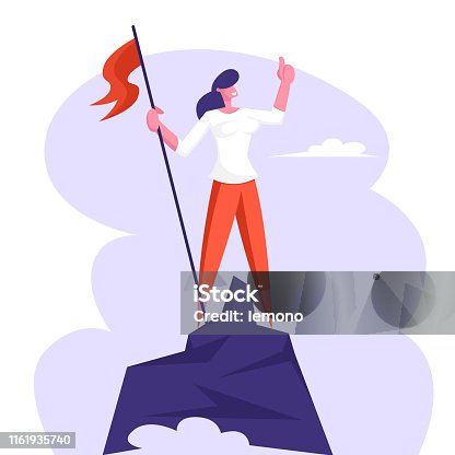 istock Businesswoman Character Hoisted Red Flag on Mountain Top. Business Woman on Peak of Success. Leadership, Winner, Challenge Goal Achievement, Successful Manager Concept Cartoon Flat Vector Illustration 1161935740