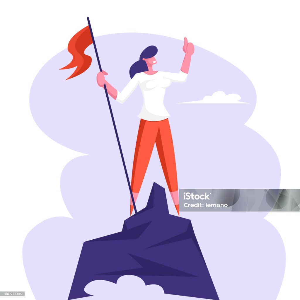 Businesswoman Character Hoisted Red Flag on Mountain Top. Business Woman on Peak of Success. Leadership, Winner, Challenge Goal Achievement, Successful Manager Concept Cartoon Flat Vector Illustration Leadership stock vector