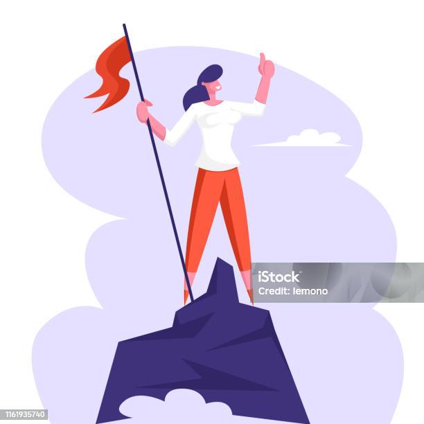 Businesswoman Character Hoisted Red Flag On Mountain Top Business Woman On Peak Of Success Leadership Winner Challenge Goal Achievement Successful Manager Concept Cartoon Flat Vector Illustration Stock Illustration - Download Image Now