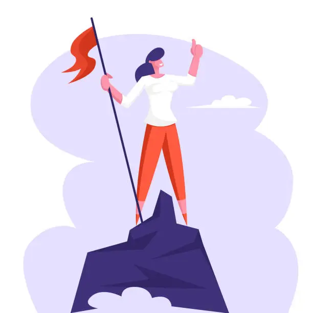 Vector illustration of Businesswoman Character Hoisted Red Flag on Mountain Top. Business Woman on Peak of Success. Leadership, Winner, Challenge Goal Achievement, Successful Manager Concept Cartoon Flat Vector Illustration