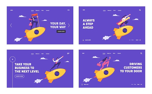 People Riding Golden Rockets in Sky Website Landing Page Set. Business Leadership, Start Up Creative Idea Launch, Project Development, Business Goals Web Page. Cartoon Flat Vector Illustration, Banner
