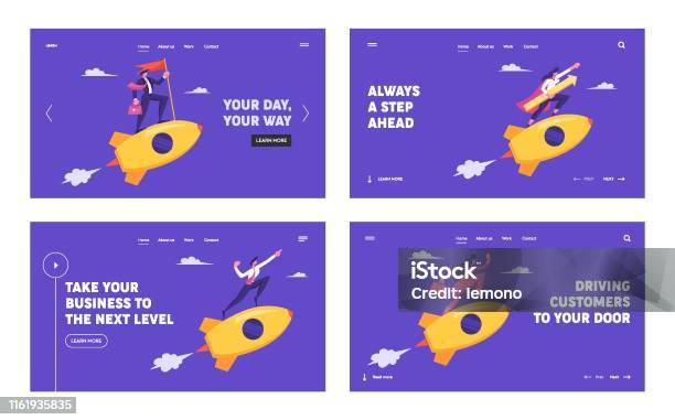 People Riding Golden Rockets In Sky Website Landing Page Set Business Leadership Start Up Creative Idea Launch Project Development Business Goals Web Page Cartoon Flat Vector Illustration Banner Stock Illustration - Download Image Now