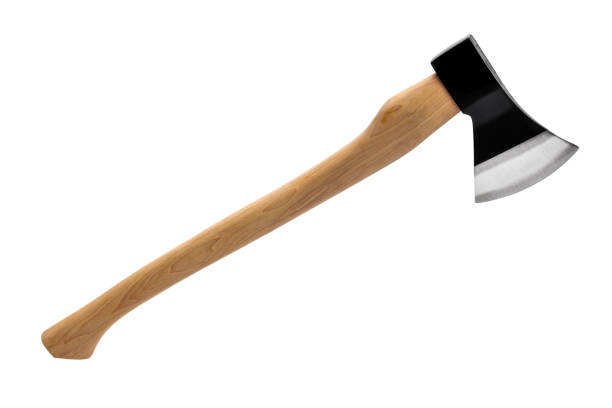 흰색 배경에 고립 된 나무 손잡이가있는 검은 도끼 - handle axe work tool wood 뉴스 사진 이미지