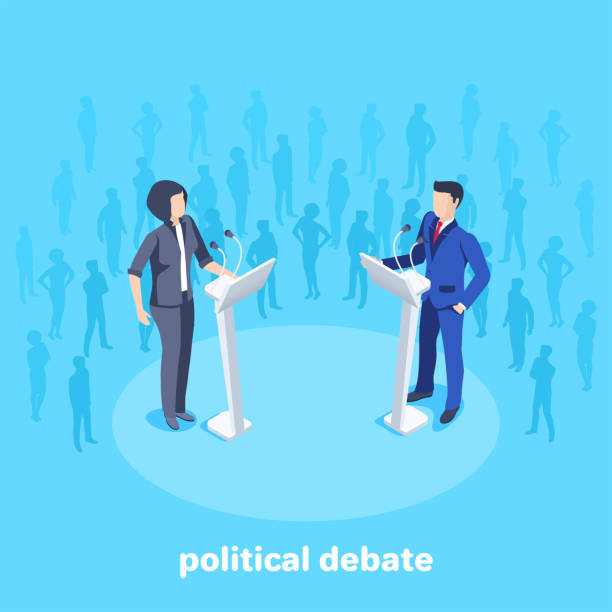 political debate 2 Isometric vector image on a blue background, woman in business suits stand in front of a microphone on the stage among the spectators, political debates debate stock illustrations