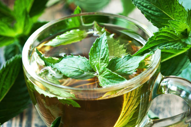 istock Close-up cup of mint tea with herbs 1161941597
