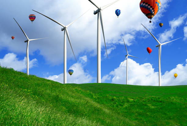 美しい自然の風景の風力タービン農場。 - climate wind engine wind turbine ストックフォトと画像