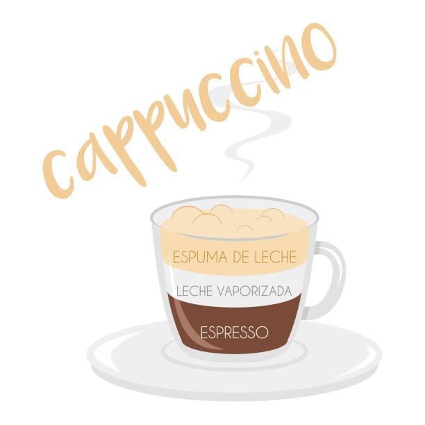 illustrations, cliparts, dessins animés et icônes de illustration de vecteur d'une icône de tasse de café de cappuccino avec sa préparation et proportions et noms en espagnol. - foamed milk