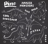 Dino Doodles Set. Cute Dinosaurs sketch and Letterings collection. Hand drawn Cartoon Dino Vector illustration on chalkboard background
