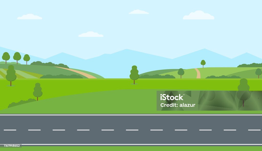 田舎を通るまっすぐな空の道。緑の丘、青い空、草原、山々。 - 道路のロイヤリティフリーベクトルアート