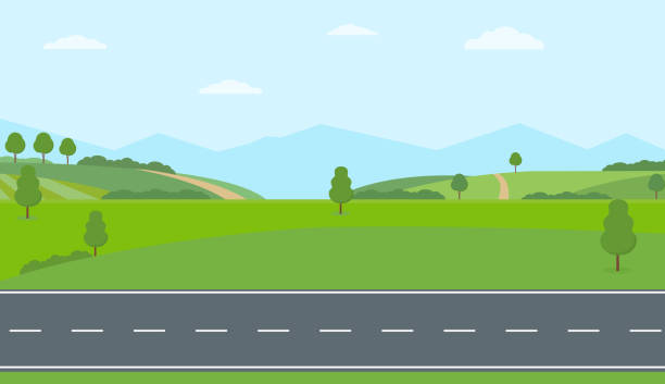 田舎を通るまっすぐな空の道  。緑の丘、青い空、草原、山々。 - 道路点のイラスト素材／クリップアート素材／マンガ素材／アイコン素材