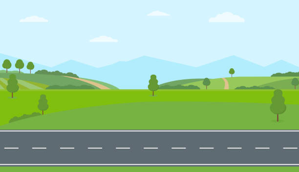 Straight empty road through the countryside. Green hills, blue sky, meadow and mountains. Straight empty road through the countryside. Green hills, blue sky, meadow and mountains. Summer landscape vector illustration. through stock illustrations