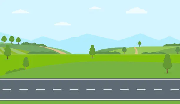 Vector illustration of Straight empty road through the countryside. Green hills, blue sky, meadow and mountains.