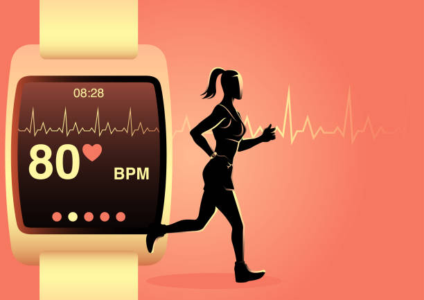 illustrations, cliparts, dessins animés et icônes de jogging de femme avec la montre intelligente - fréquence cardiaque