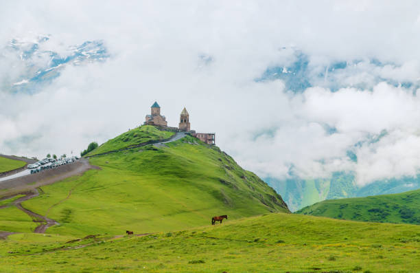 Kazbek Monastery. Sights of Georgia. Selective focus. nature.