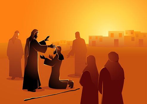 Biblical vector illustration series. Jesus heals the blind man