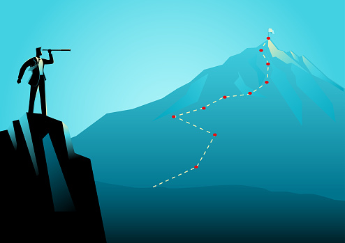 Business concept illustration of a businessman on top of the rock using telescope looking to the top of a mountain. Strategy, planning, forecast in business concept