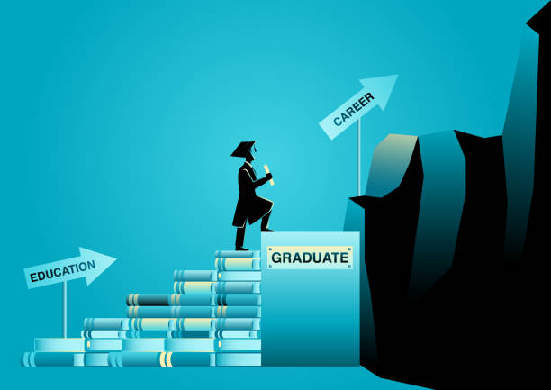 Education and Career Vector illustration of a student wearing toga climbing stairs made from books anticipation stock illustrations