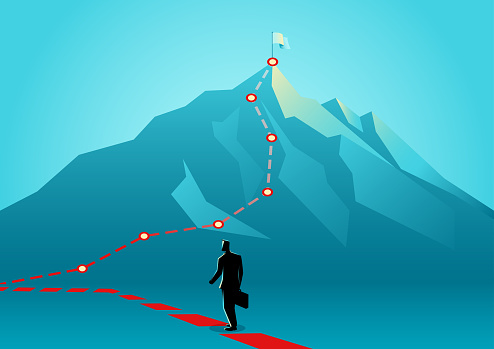 Business concept vector illustration of a businessman following the red lines which leading to the top of a mountain