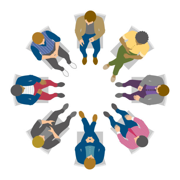 Overhead view of men in circle discussion Group of men sitting in circle and discussing from above. psychotherapy illustrations stock illustrations