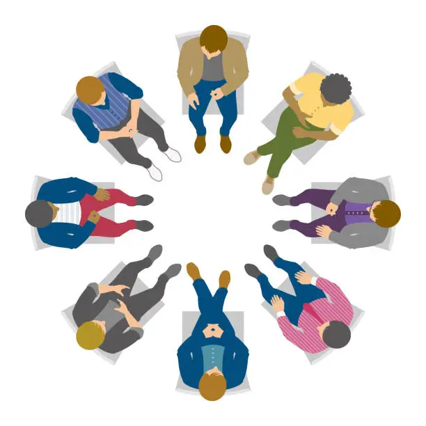 Vector illustration of Overhead view of men in circle discussion