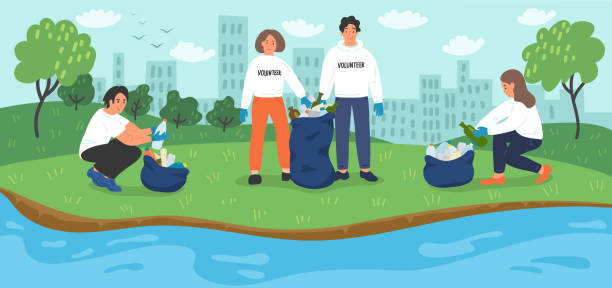 illustrations, cliparts, dessins animés et icônes de des activistes bénévoles de l'environnement nettoient les berges. - riverbank
