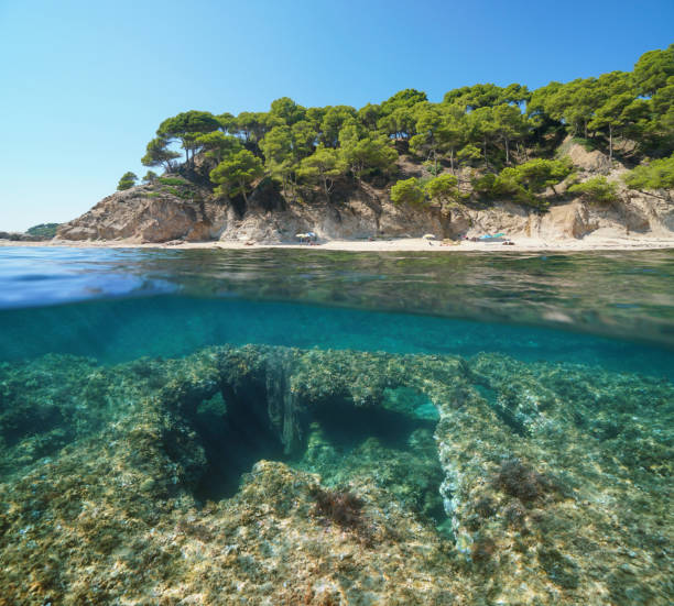 istock Spain coastline beach and eroded rocky bottom 1161954354