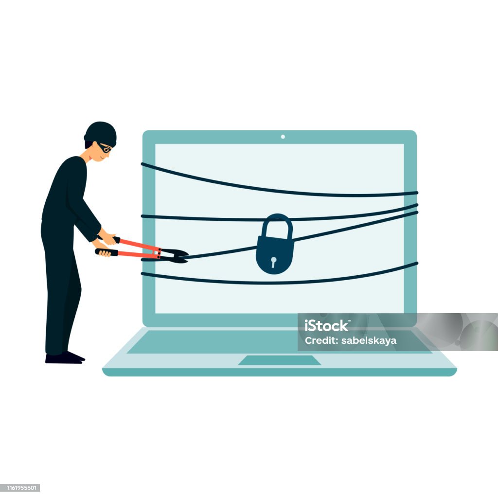 Cartoon Attacking Computer Hacker Thief Breaking Into Computer Security Cartoon Character Man ...