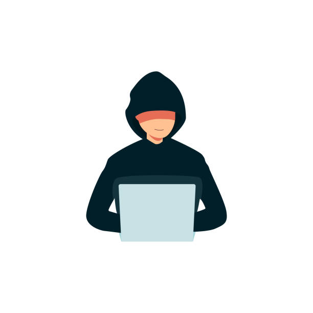 Hacker using a laptop icon, criminal man in a hoodie breaking into computer's security Hacker using a laptop icon, criminal man in a hoodie breaking into computer's security. Mysterious faceless data thief - cartoon character isolated on white background, flat vector illustration agent nasty stock illustrations