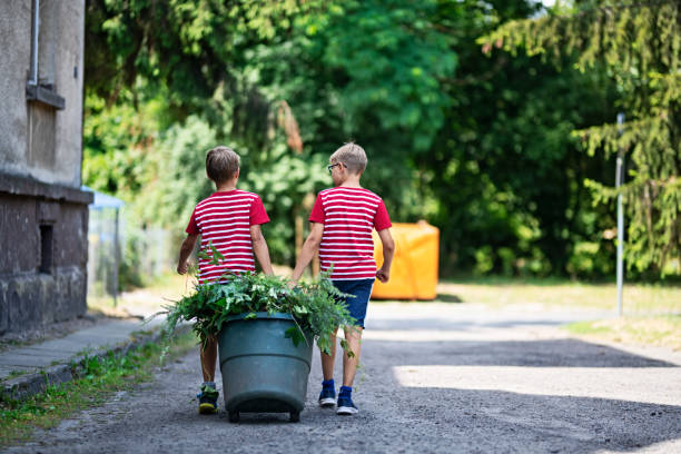 dwóch chłopców przewożących rośliny do pojemnika na kompost - garden waste zdjęcia i obrazy z banku zdjęć